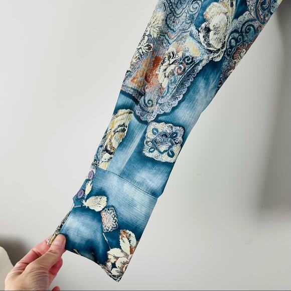 Vintage blue cream brown floral rose button front boho 80s 90s shirt top large - Picture 6 of 9